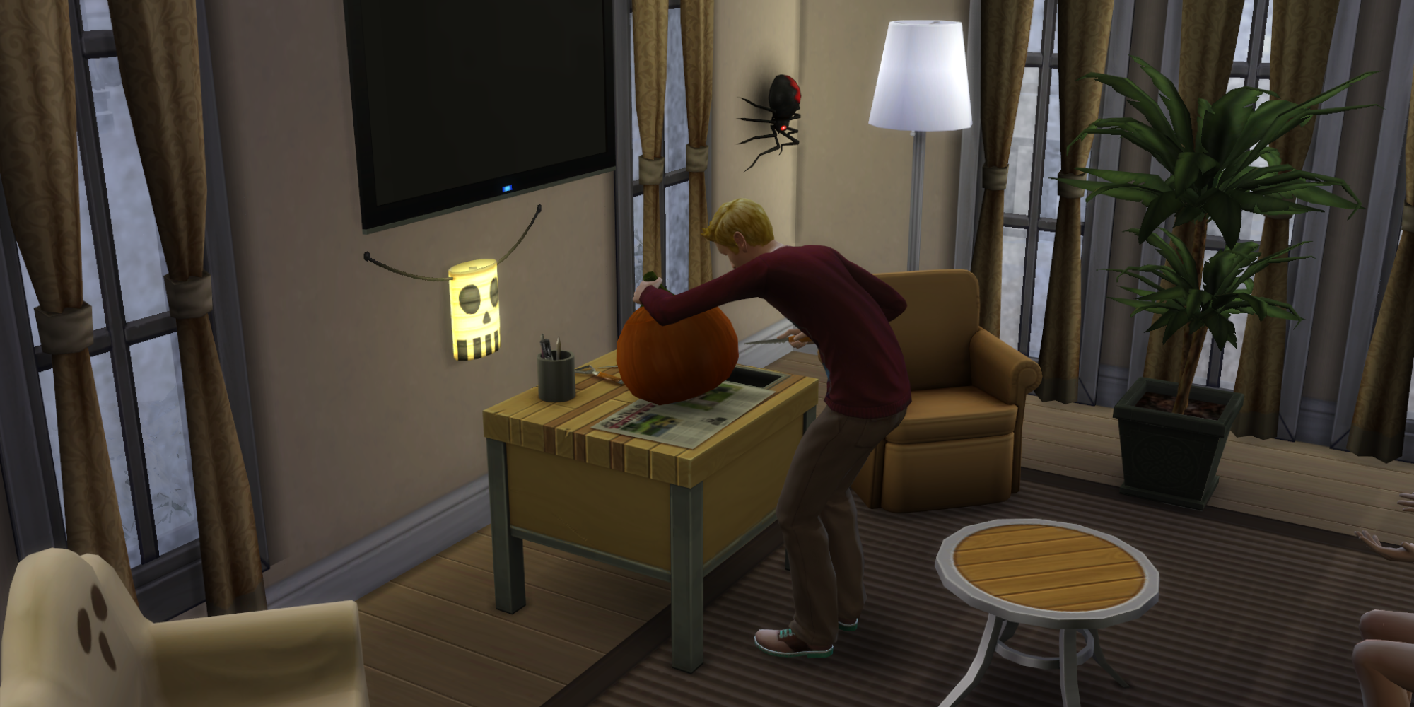 A Sim carves a pumpkin